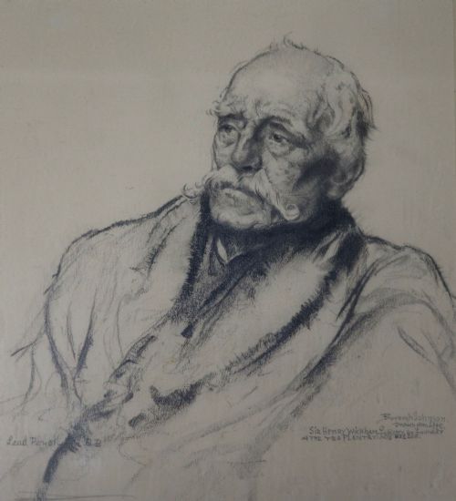 fig 1. A monochrome lead pencil portrait drawing depicting an elderly man with a large moustache, rendered on off-white paper with handwritten inscriptions.