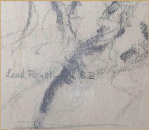 fig 3. A monochrome lead pencil portrait drawing depicting an elderly man with a large moustache, rendered on off-white paper with handwritten inscriptions.