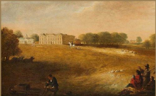 fig 1. An eighteenth-century English School oil painting depicting an expansive country estate vista with figures in the foreground under a cloudy sky.