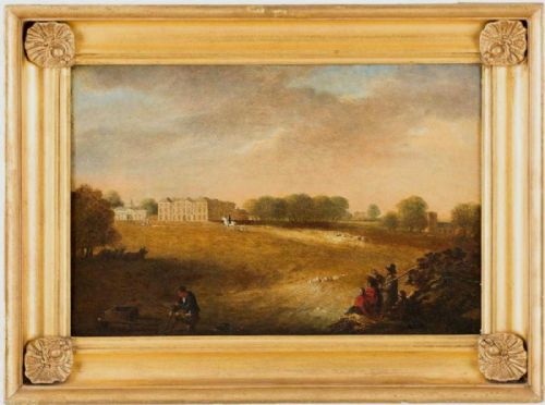 fig 2. An eighteenth-century English School oil painting depicting an expansive country estate vista with figures in the foreground under a cloudy sky.
