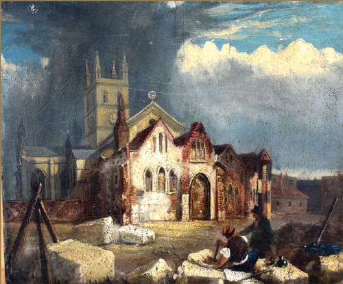 fig 1. An 18th-century architectural oil painting depicting Southwark Cathedral with stonemasons carving large blocks of stone in the foreground under a cloudy sky.