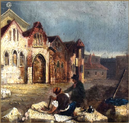 fig 2. An 18th-century architectural oil painting depicting Southwark Cathedral with stonemasons carving large blocks of stone in the foreground under a cloudy sky.