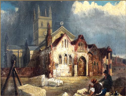 fig 3. An 18th-century architectural oil painting depicting Southwark Cathedral with stonemasons carving large blocks of stone in the foreground under a cloudy sky.