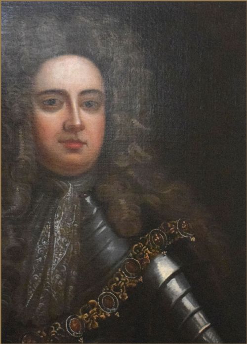 fig 1. A Baroque oil painting depicting a nobleman with a full periwig and lace cravat wearing polished steel plate armour.