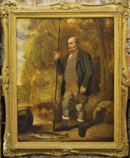 ENGLISH SCHOOL 19TH CENTURYPORTRAIT OF AN ANGLER WITH HIS CATCH ON A RIVERBANK - ADDITIONAL PHOTO 1