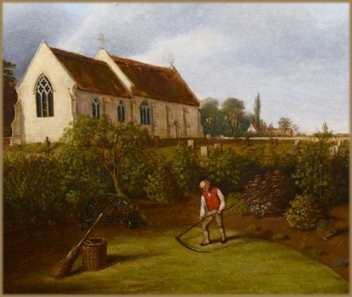 fig 1. A 19th-century oil painting depicting a gardener scything a green lawn in front of a herbaceous border with a parish church in the background.