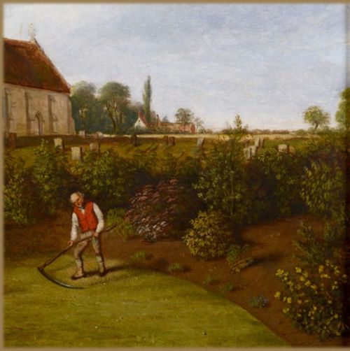 fig 2. A 19th-century oil painting depicting a gardener scything a green lawn in front of a herbaceous border with a parish church in the background.