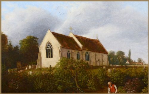 fig 3. A 19th-century oil painting depicting a gardener scything a green lawn in front of a herbaceous border with a parish church in the background.
