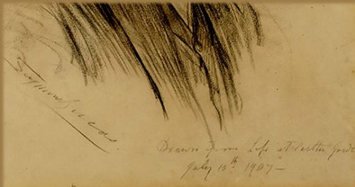 fig 2. An Edwardian profile portrait sketch on beige paper depicting a gentleman with a moustache in formal attire, signed and dated 1907.