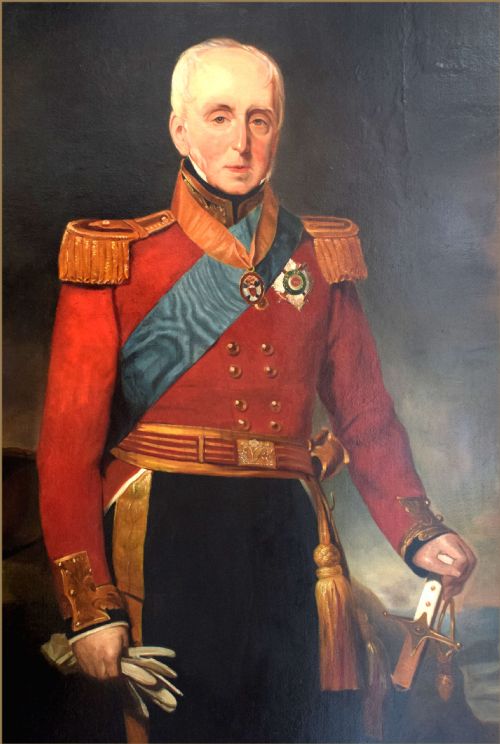 fig 1. An early nineteenth-century oil portrait of a military officer standing in a scarlet coat with gold epaulettes, a blue sash, and military decorations.