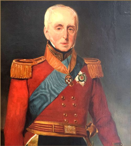 fig 2. An early nineteenth-century oil portrait of a military officer standing in a scarlet coat with gold epaulettes, a blue sash, and military decorations.