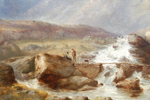 fig 1. A 19th-century oil painting depicting travellers resting on a stone bridge over a rushing river in North Wales, with Mount Snowdon towering under a cloudy sky.