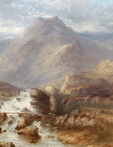 fig 2. A 19th-century oil painting depicting travellers resting on a stone bridge over a rushing river in North Wales, with Mount Snowdon towering under a cloudy sky.