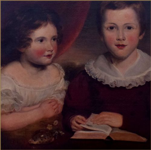 JOHN RUSSELL RA 17451806PORTRAIT OF A YOUNG GIRL AND HER BROTHER SEATED AT A TABLE WITH AN OPEN BOOK AND A TIGER COWRIE SHELL - ADDITIONAL PHOTO 2