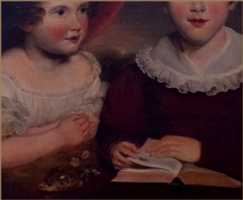 JOHN RUSSELL RA 17451806PORTRAIT OF A YOUNG GIRL AND HER BROTHER SEATED AT A TABLE WITH AN OPEN BOOK AND A TIGER COWRIE SHELL - ADDITIONAL PHOTO 3