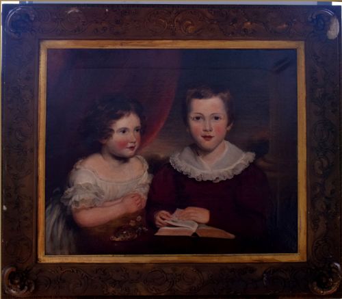 JOHN RUSSELL RA 17451806PORTRAIT OF A YOUNG GIRL AND HER BROTHER SEATED AT A TABLE WITH AN OPEN BOOK AND A TIGER COWRIE SHELL - ADDITIONAL PHOTO 5