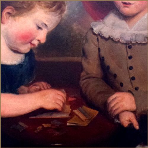 JOHN RUSSELL RA 17451806PORTRAIT OF A YOUNG BOY WITH A MAP JIGSAW PUZZLE HIS BROTHER SEATED AT A TABLE - ADDITIONAL PHOTO 3