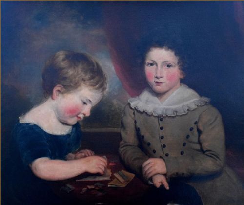 JOHN RUSSELL RA 17451806PORTRAIT OF A YOUNG BOY WITH A MAP JIGSAW PUZZLE HIS BROTHER SEATED AT A TABLE - ADDITIONAL PHOTO 4