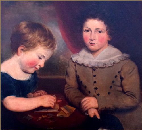JOHN RUSSELL RA 17451806PORTRAIT OF A YOUNG BOY WITH A MAP JIGSAW PUZZLE HIS BROTHER SEATED AT A TABLE - ADDITIONAL PHOTO 5