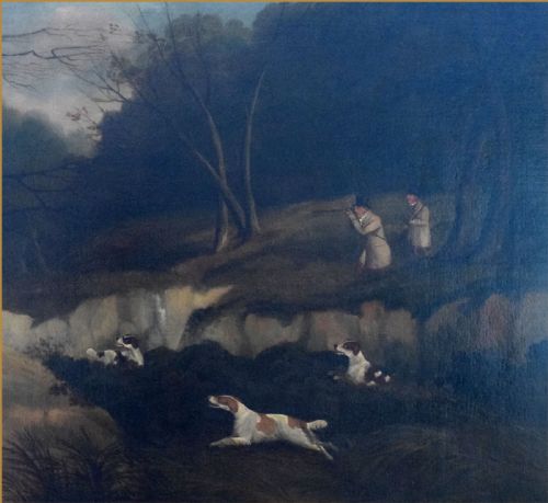 fig 1. An eighteenth-century style oil painting depicting two sportsmen and three spaniels pheasant shooting in a wooded landscape.