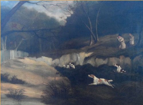 fig 2. An eighteenth-century style oil painting depicting two sportsmen and three spaniels pheasant shooting in a wooded landscape.