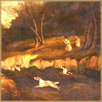fig 3. An eighteenth-century style oil painting depicting two sportsmen and three spaniels pheasant shooting in a wooded landscape.