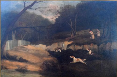 fig 5. An eighteenth-century style oil painting depicting two sportsmen and three spaniels pheasant shooting in a wooded landscape.