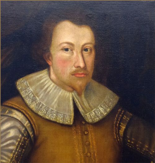 fig 1. An oil portrait on canvas depicting a Tudor gentleman wearing an embroidered brown doublet with a white lace collar and detailed cuffs.