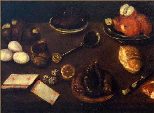 fig 1. A 17th-century Spanish Baroque oil painting depicting a tabletop larder scene with meat, eggs, walnuts, bread, dice, playing cards, and utensils against a dark background.