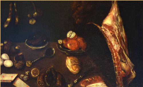 fig 2. A 17th-century Spanish Baroque oil painting depicting a tabletop larder scene with meat, eggs, walnuts, bread, dice, playing cards, and utensils against a dark background.