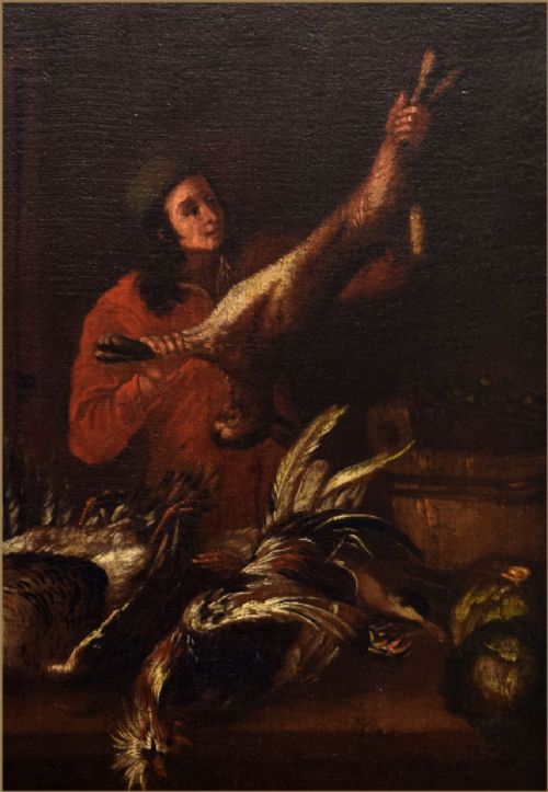 fig 1. An 18th-century Dutch School oil painting depicting a figure in a red garment arranging game birds and an animal head inside a dark larder.