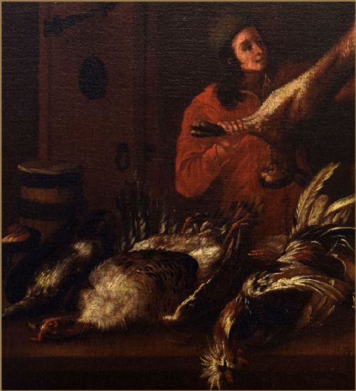 fig 2. An 18th-century Dutch School oil painting depicting a figure in a red garment arranging game birds and an animal head inside a dark larder.