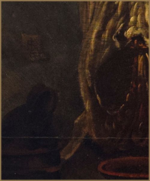fig 1. A seventeenth-century Dutch Golden Age style oil painting depicting a rustic kitchen interior with figures gathered amongst earthenware pots, copper vessels, and vegetables.