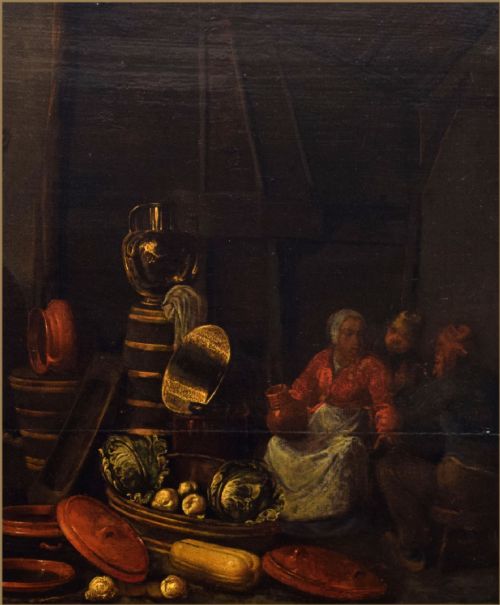 fig 2. A seventeenth-century Dutch Golden Age style oil painting depicting a rustic kitchen interior with figures gathered amongst earthenware pots, copper vessels, and vegetables.