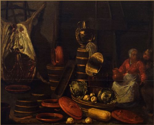 fig 3. A seventeenth-century Dutch Golden Age style oil painting depicting a rustic kitchen interior with figures gathered amongst earthenware pots, copper vessels, and vegetables.