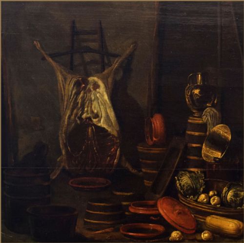 fig 4. A seventeenth-century Dutch Golden Age style oil painting depicting a rustic kitchen interior with figures gathered amongst earthenware pots, copper vessels, and vegetables.