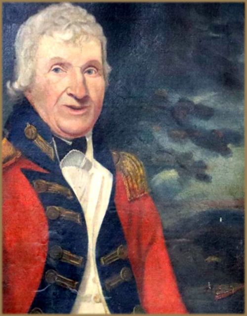 fig 1. An 18th-century oil portrait painting depicting a male military officer in a red uniform coat with navy blue facings and gold epaulettes.