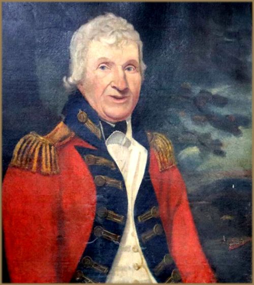 fig 2. An 18th-century oil portrait painting depicting a male military officer in a red uniform coat with navy blue facings and gold epaulettes.
