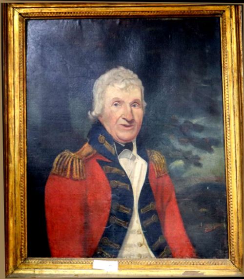 fig 3. An 18th-century oil portrait painting depicting a male military officer in a red uniform coat with navy blue facings and gold epaulettes.