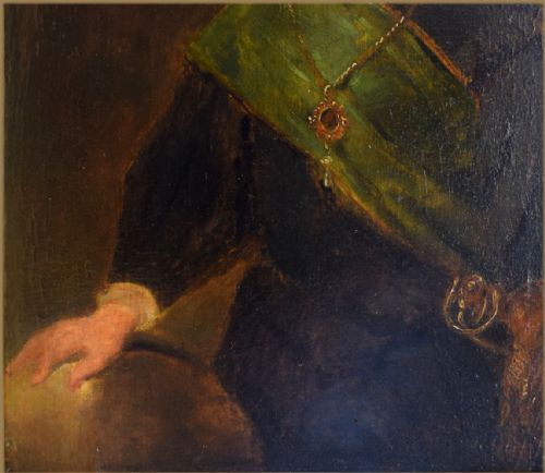 fig 1. An Elizabethan period oil portrait of a gentleman wearing a high white ruff, dark doublet, green sash, and gold medallion while resting his hand on a globe.