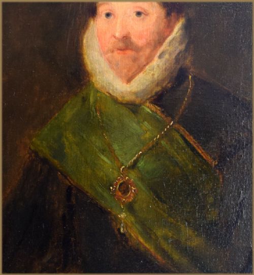 fig 2. An Elizabethan period oil portrait of a gentleman wearing a high white ruff, dark doublet, green sash, and gold medallion while resting his hand on a globe.