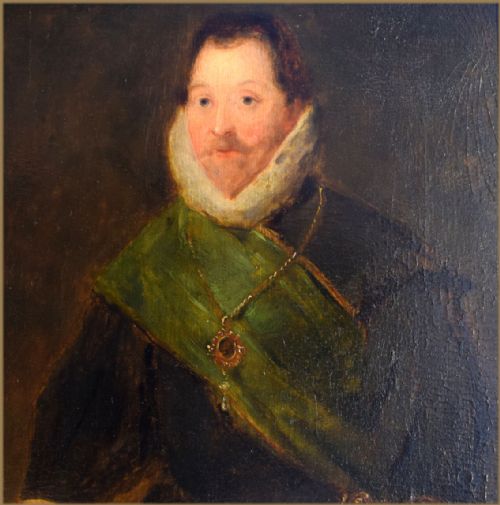 fig 3. An Elizabethan period oil portrait of a gentleman wearing a high white ruff, dark doublet, green sash, and gold medallion while resting his hand on a globe.