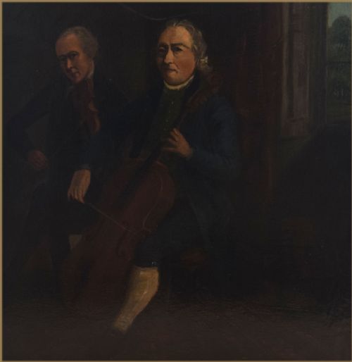 fig 1. An 18th-century oil painting on panel depicting two male musicians in period dress playing a cello and violin in a dimly lit interior.