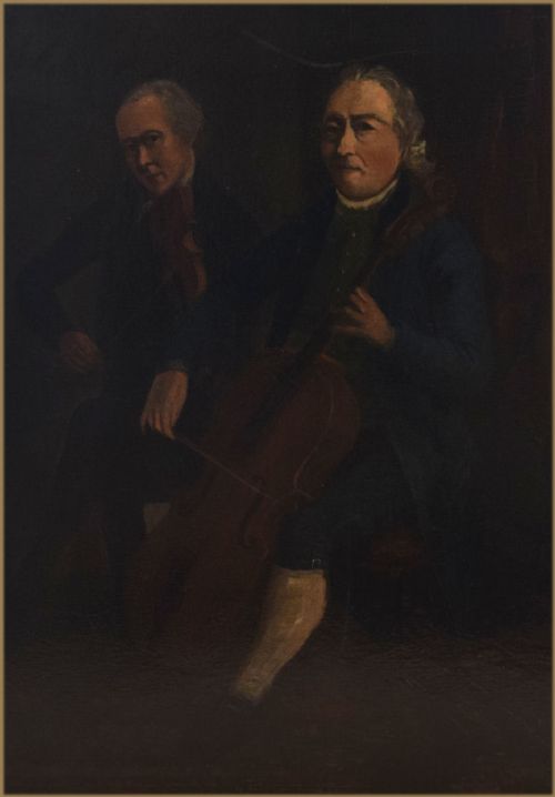 fig 2. An 18th-century oil painting on panel depicting two male musicians in period dress playing a cello and violin in a dimly lit interior.
