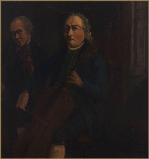 fig 3. An 18th-century oil painting on panel depicting two male musicians in period dress playing a cello and violin in a dimly lit interior.