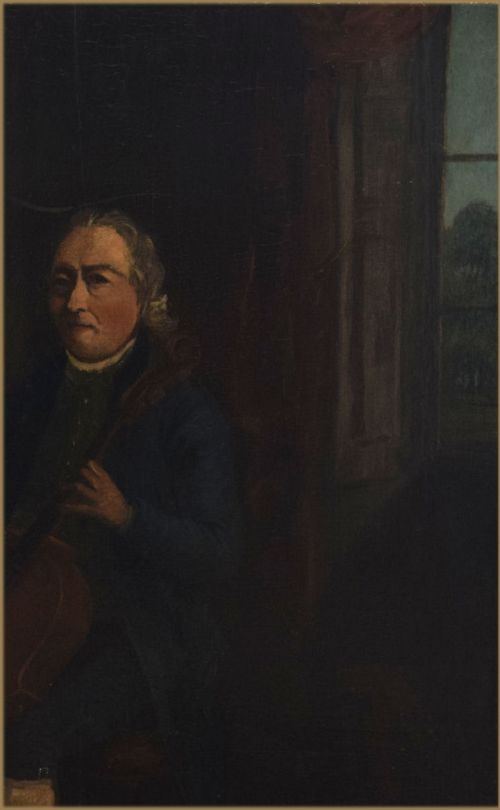 fig 4. An 18th-century oil painting on panel depicting two male musicians in period dress playing a cello and violin in a dimly lit interior.