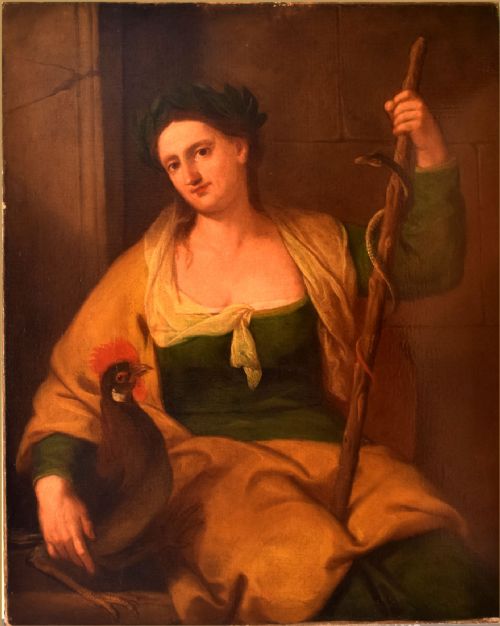 Attributed to Angelica Kauffman, 1741 - 1807
Portrait of a Lady as the Greek Goddess Hygieia, Accompanied with Her Symbols, a Rod, Serpent & Cockerel