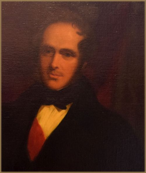 fig 1. A 19th-century oil painting depicting a gentleman in dark attire wearing a red sash and bow tie against a dark background.