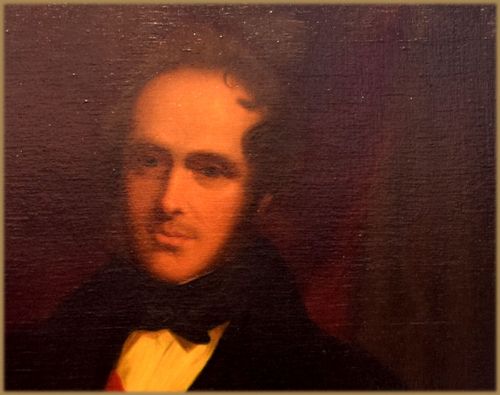 fig 2. A 19th-century oil painting depicting a gentleman in dark attire wearing a red sash and bow tie against a dark background.