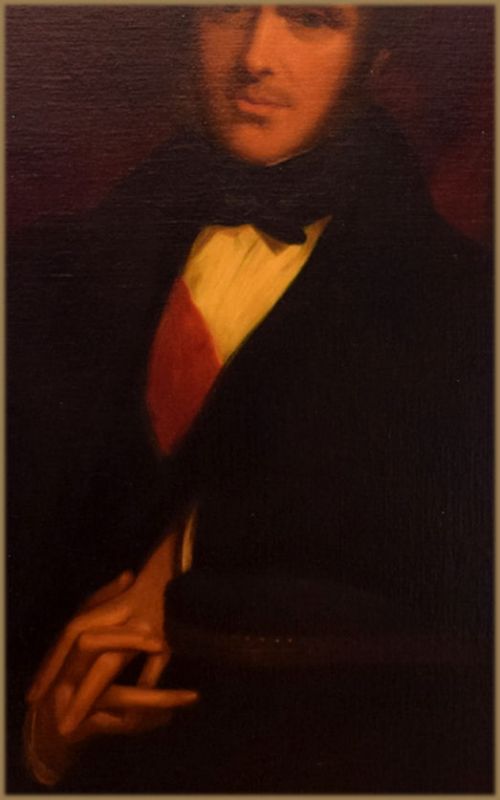 fig 3. A 19th-century oil painting depicting a gentleman in dark attire wearing a red sash and bow tie against a dark background.